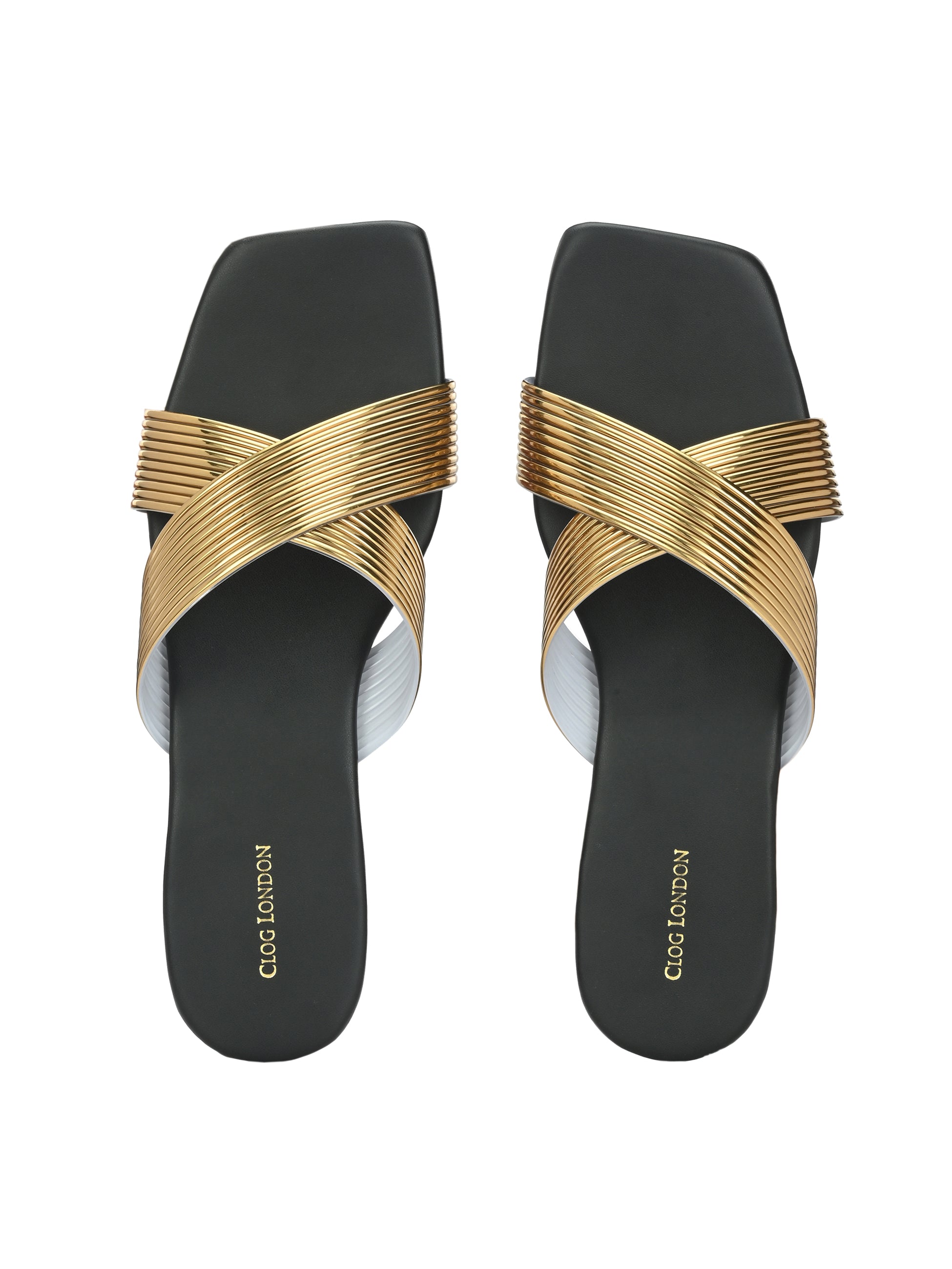 Women Gold H-Strap Textured Open Toe Flats