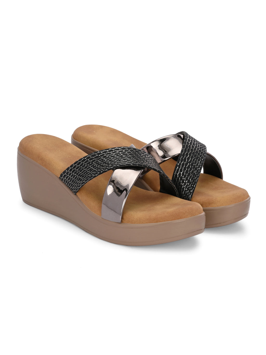 Women Black Textured Wedge Sandals