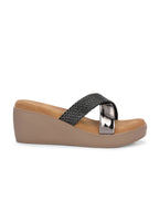 Women Black Textured Wedge Sandals