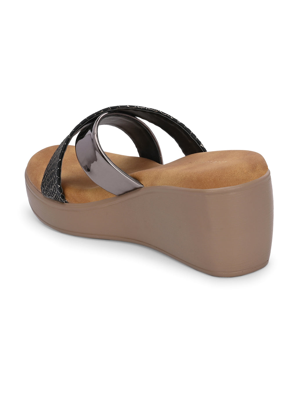 Women Black Textured Wedge Sandals