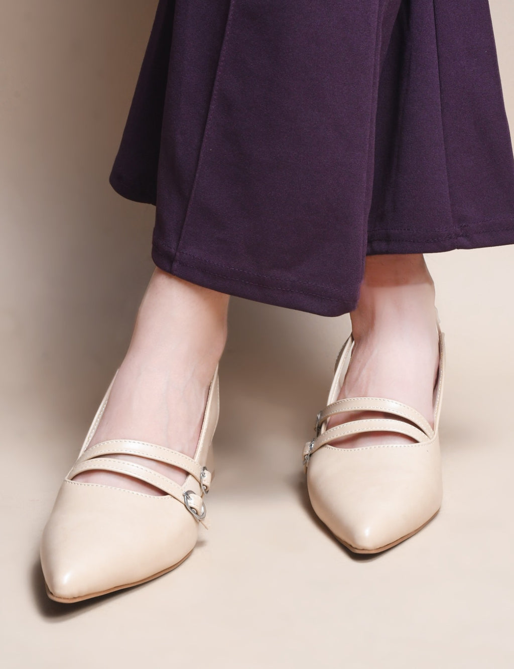 Women Beige Pumps Heeled Sandal with Adjustable Ankle Strap