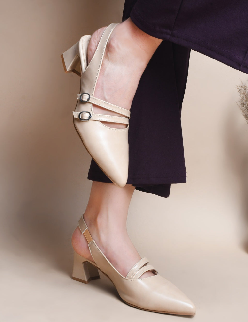 Women Beige Pumps Heeled Sandal with Adjustable Ankle Strap