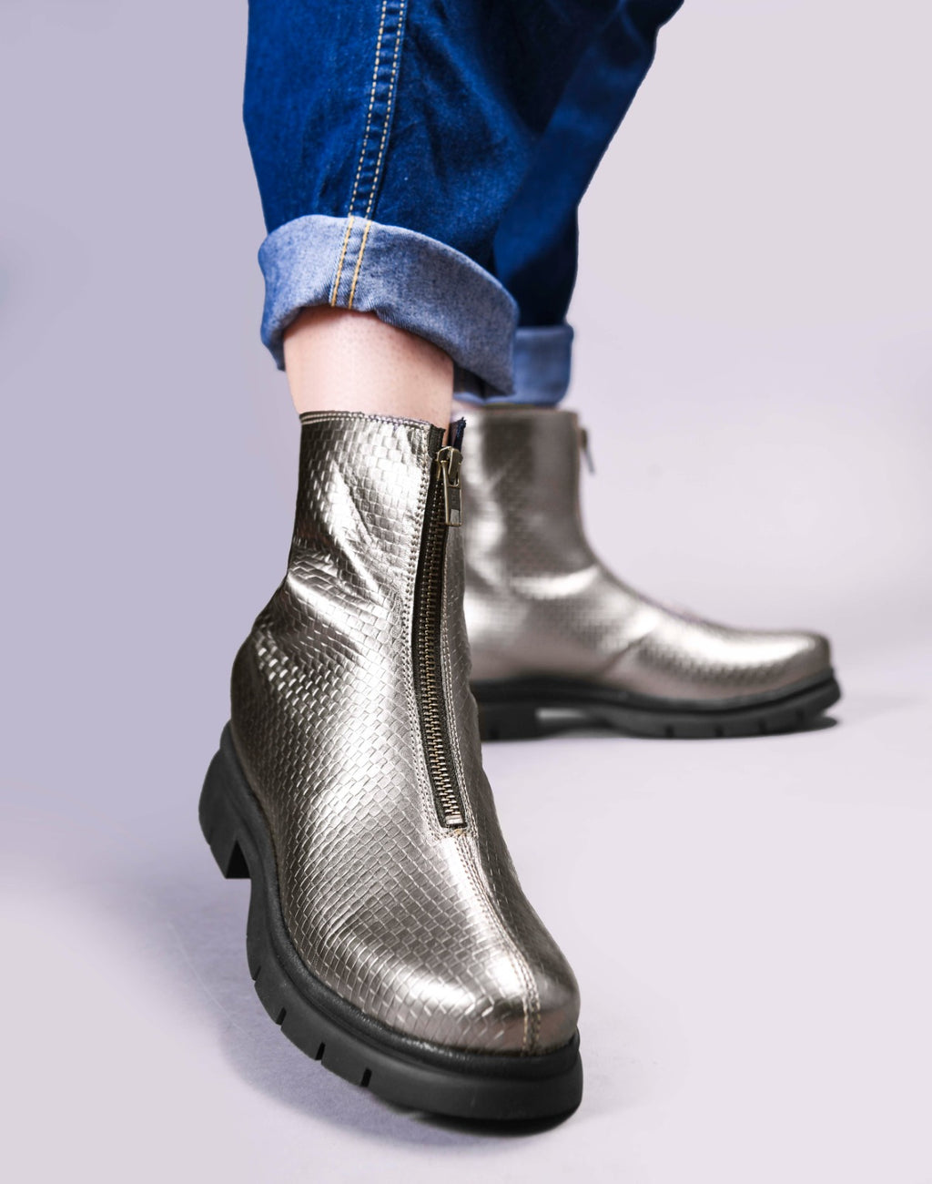 Women Grey Front Zip Boots