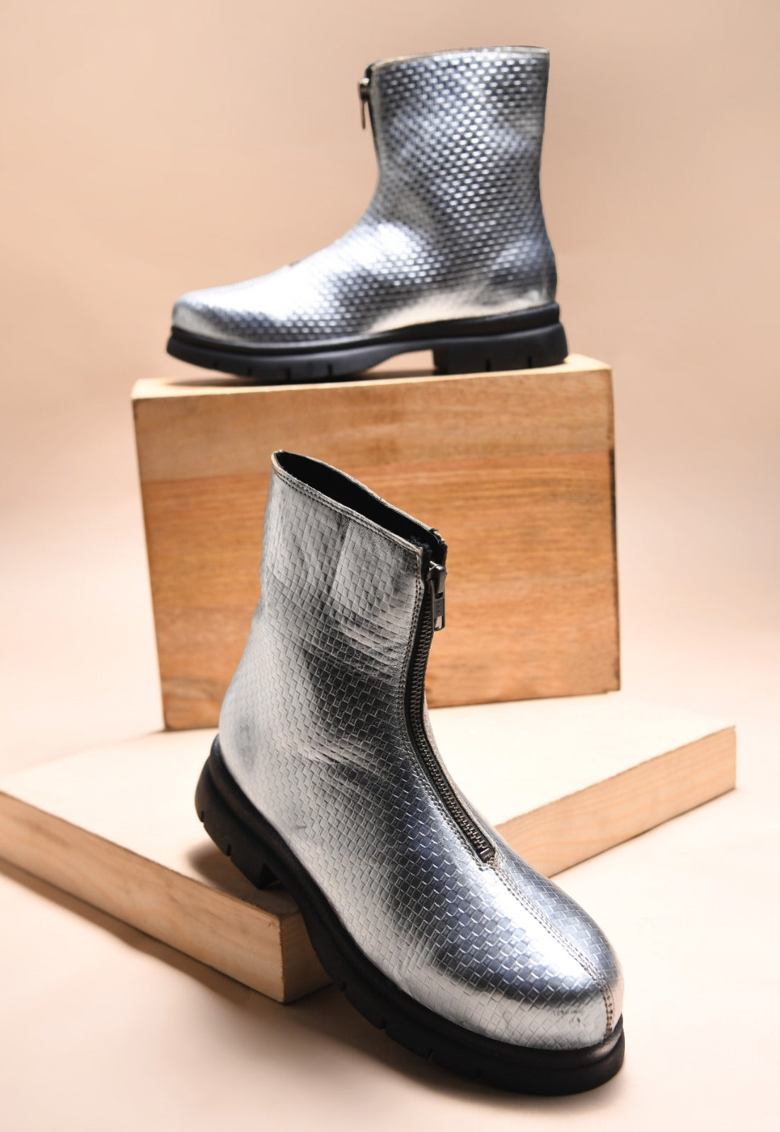 Women Silver Front Zip Boots