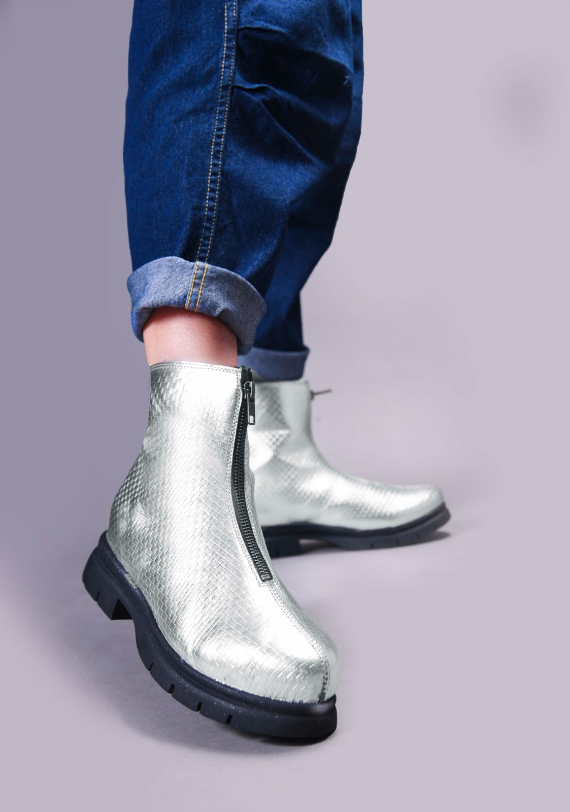 Women Silver Front Zip Boots