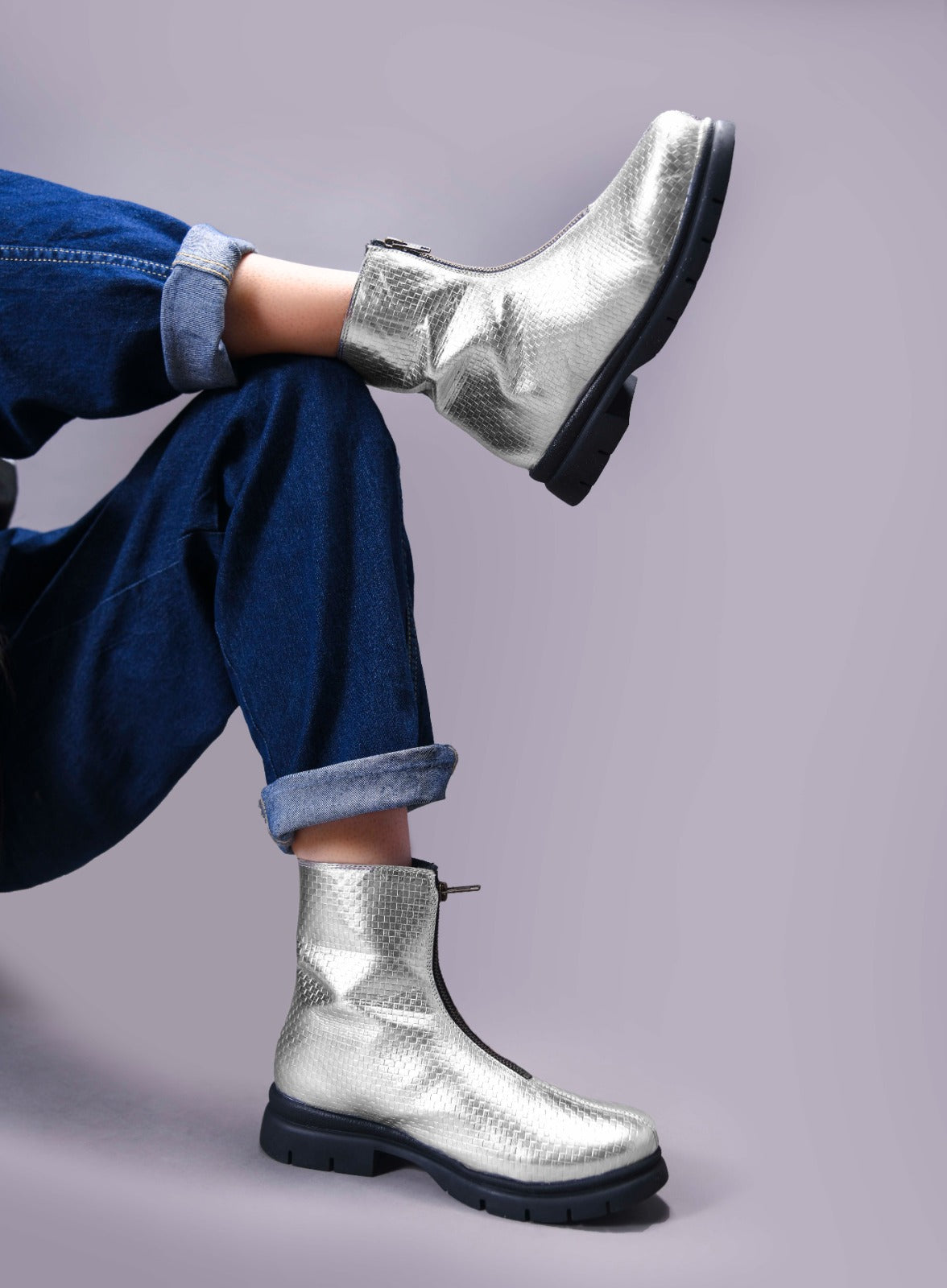 Women Silver Front Zip Boots
