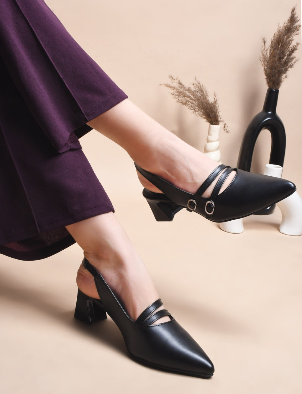 Women Black Pumps Cap Ankle-Strap Heeled Sandals