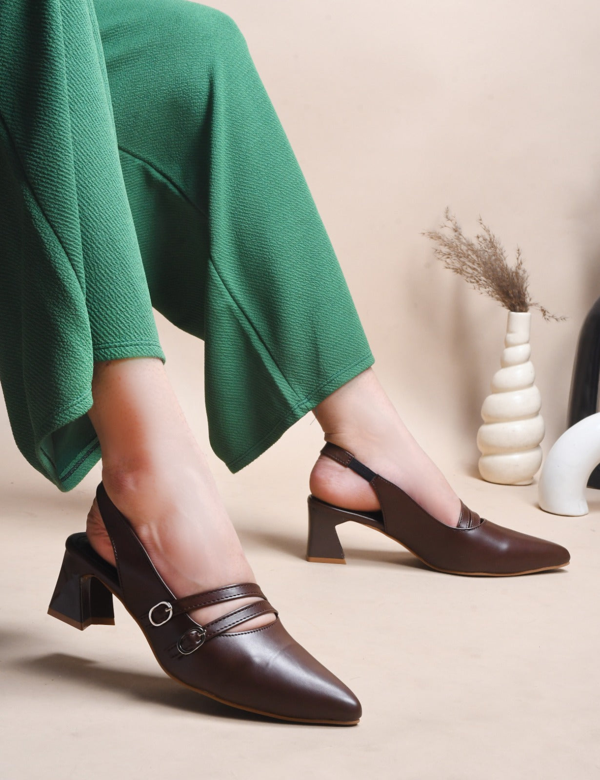 Women Brown Pumps Cap Ankle-Strap Heeled Sandals