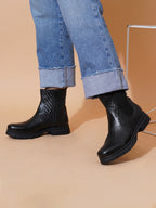 Women Black Textured and Zip Boots