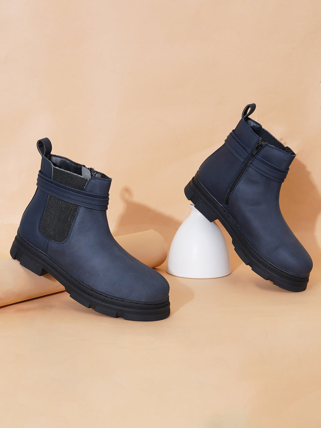 Women Blue Zip Leather Boots