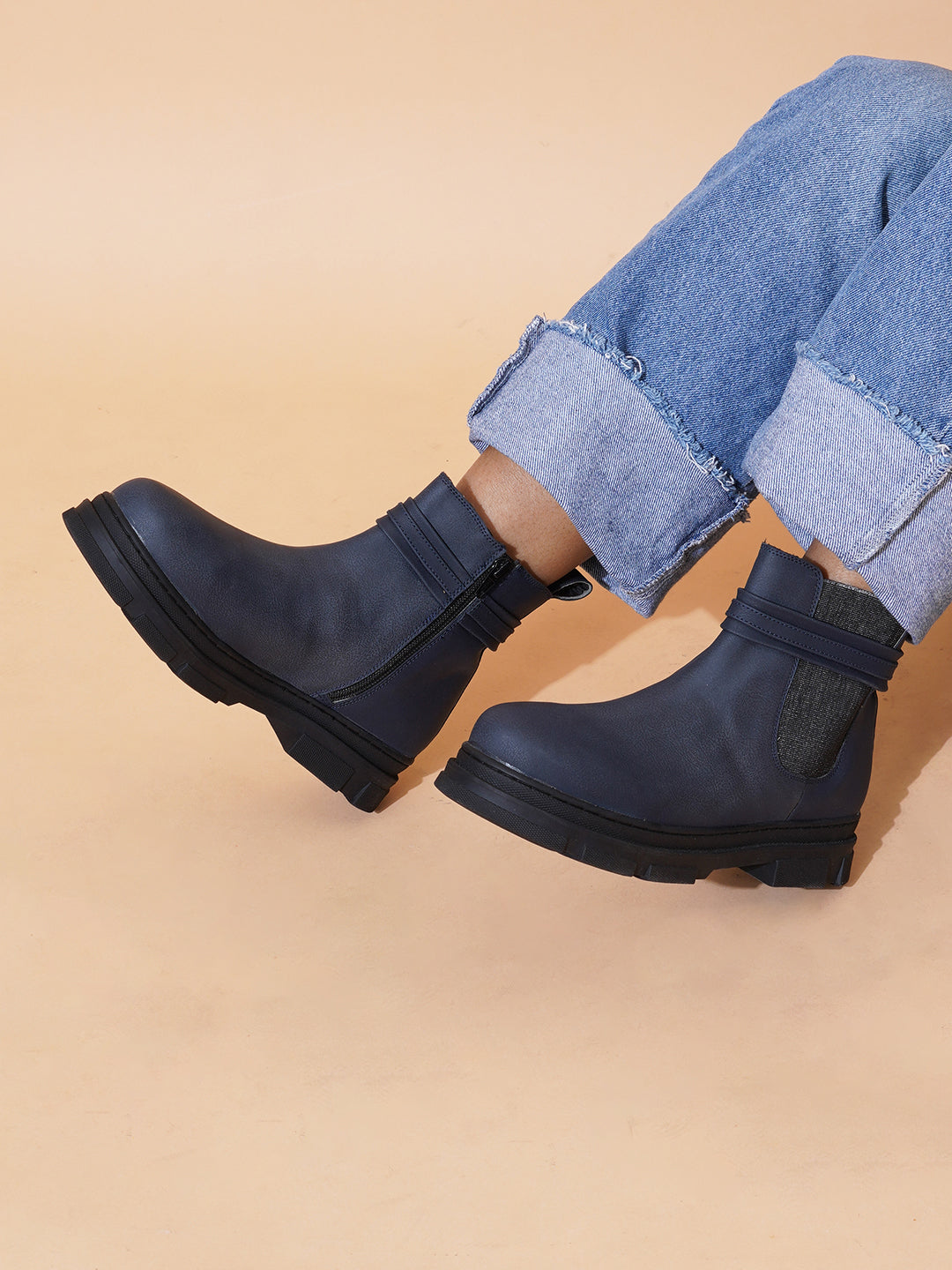Women Blue Zip Leather Boots